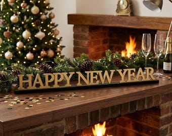 Könnte beinhalten: Ein goldfarbenes Schild mit dem Text HAPPY NEW YEAR in Blockbuchstaben, montiert auf einem schwarzen Sockel. Das Schild steht auf einem Kaminsims aus Holz vor einer grünen Girlande mit Tannenzapfen und Lichtern, neben zwei Sektgläsern.