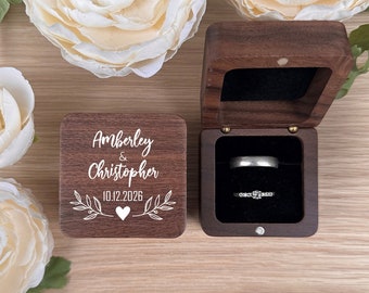Custom Wedding Engagement Ring Box, Personalised Engraved Wood Square Ring Box, Name Ring Box Holder, Proposal Keepsake, Anniversary Gift