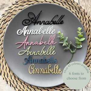 Può includere: Una selezione di targhette con il nome "Annabelle" in vari colori, tra cui nero, bianco, rosa, giallo, blu e oro, disposte su un piatto grigio. Il nome è visualizzato in sei diversi caratteri. Il testo recita "Oltre 45 colori disponibili" e "6 caratteri tra cui scegliere."