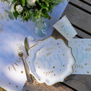 Blue Boy Baby Shower Partyware, Blue Baby Shower Plates Tovaglioli Tazze e Runner da tavolo, Gender Reveal Tableware, Blue Baby Shower Party