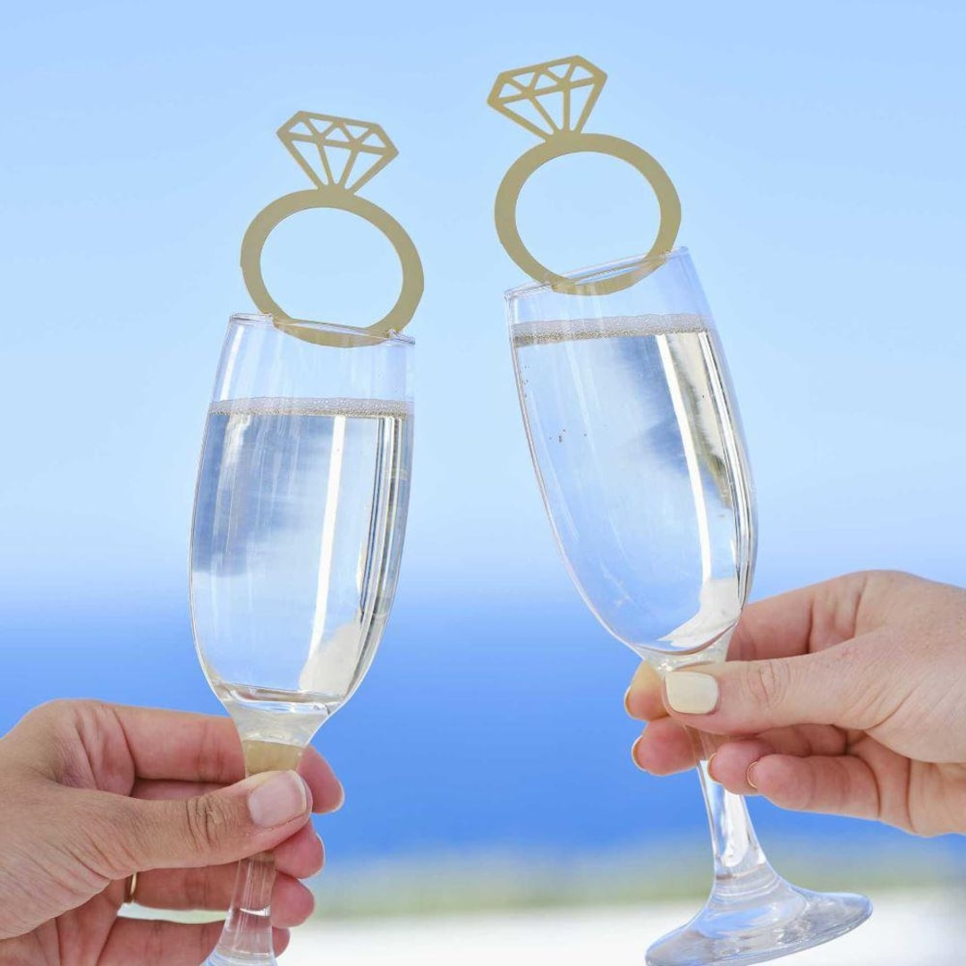 6 Engagement Ring Drinks Toppers, Hen Party Glass Decorations, Gold