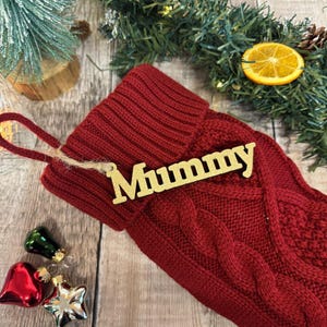 Personalised Red Christmas Stocking With Name, Family Stockings, Festive Stocking With Wooden Tag, Hanging Decoration Keepsake Gift