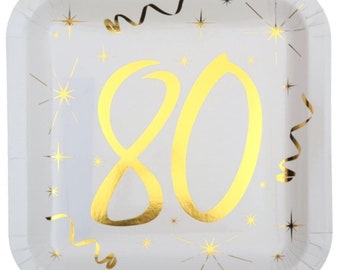 10 Gold Foiled 80th Birthday Paper Plates, Sparkling Foil 80th Party Tableware, 80th Birthday Party, Age 80 Gold Milestone Partyware