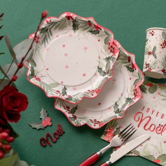 10 assiettes de fête de Noël botanique aux baies rouges, vaisselle