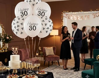 30th Birthday Party Balloons Pack of 6, Black Number 30 Balloons with Bow, Happy 30th Birthday Decorations, Party Supplies