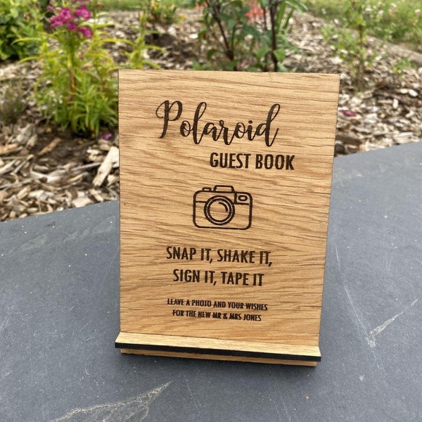 Personalised Wedding Polaroid Photo Camera Table Sign, Guest Book Sign, Photo Wedding Guest Book Decoration, Wooden Oak Veneer Sign