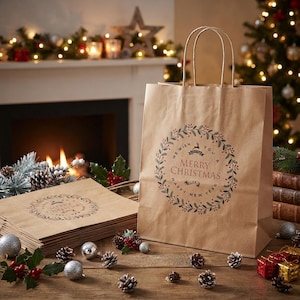 Op de afbeelding: Een bruine papieren tas met gedraaide handvatten en een cirkelvormig kransontwerp in donkere inkt. De tekst in de krans luidt: We wish you a Merry Christmas and a Happy New Year. Ernaast ligt een stapel van dezelfde papieren tassen.