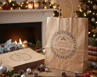 10 Merry Christmas Party Bags, Kraft Brown Christmas Gift Bags With Handles, Festive Gift Bags, Gift Wrapping, Christmas Bags