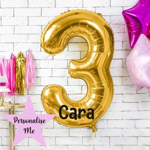 Personalised Jumbo Gold Number 3 Balloon, Birthday Number Balloon with Name 86cm, Gold Party Decorations, 3rd 13th 30th Party, Vinyl Sticker
