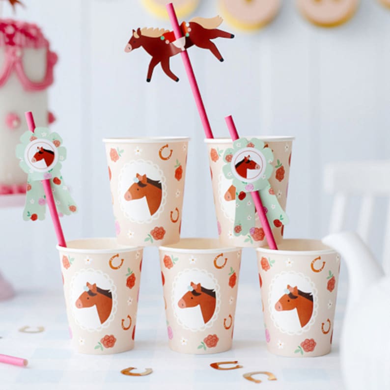 Pony Horse Birthday Partyware, Girls Birthday Party, Horse Plates Napkins Cups Balloons, Pony Party Paper Cups x6