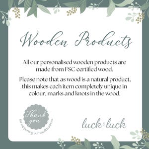 May include: A square graphic with the text "Wooden Products" in a script font. The text below states that the personalized wooden products are made from FSC certified wood. The image also includes the text "Thank you" and "luck & luck".