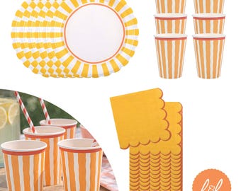 Yellow Striped Party Tableware Set, Paper Plates Cups and Napkins for Birthdays, Celebrations and Kids Parties (Party Pack for 6)