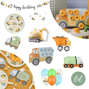 Könnte beinhalten: Ein Party-Set zum Thema Baustelle mit einem Happy Birthday-Banner, Papptellern mit LKW-Motiven, einem LKW-Donut-Ständer aus Pappe, Bagger- und Muldenkipper-Ballons, einem Betonmischer-Ballon sowie einem Set aus bunten Latexballons.