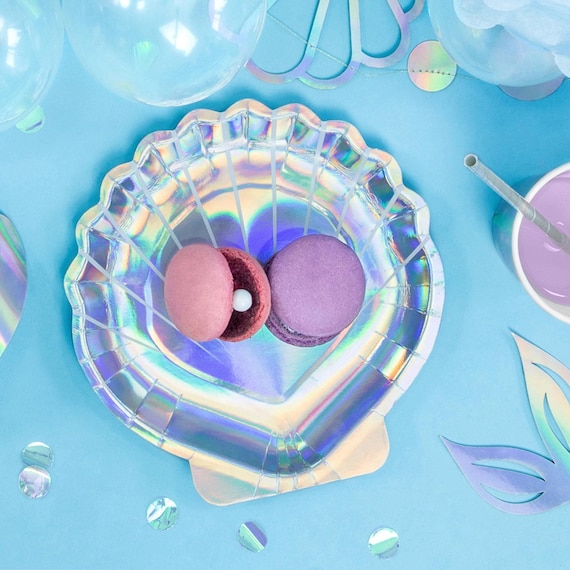 6 Iridescent Mermaid Seashell Plates, Under the Sea Party, Mermaid Party, Iridescent Paper Plates, Girls Birthday Party Plates, Princess