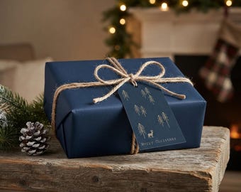 Navy Woodland Christmas Gift Tags, Blue Cardboard Rustic Festive Gift Wrapping Tags for Farmhouse Style Set of 6