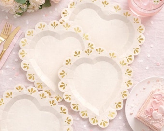 Heart Paper Plates Cream Ivory Gold Wedding Tableware Disposable Plates Engagement Party - Pack of 6 (26 cm)