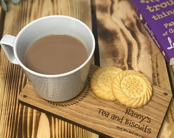 Personalised Wooden Tea And Biscuit Coaster Tray Gift, Coffee And Cake Board, Gift For Grandparents Family Friends, Wood Laser Engraved