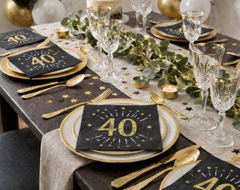 Serviettes en papier noir et or pour 40e anniversaire, vaisselle métallisée pour fête d'anniversaire (paquet de 10)