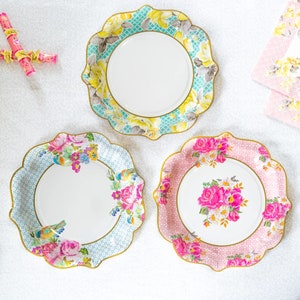 12 Alice In Wonderland Medium Paper Plate, Vintage Floral Plates, Wedding Partyware, Floral Plates, Afternoon Tea Party Plates