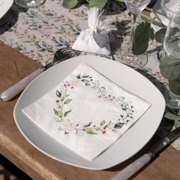 20 serviettes botaniques coeurs, serviettes de table florales vertes pour mariage, serviettes de table pour le thé de l'après-midi, décoration botanique d'articles de fête