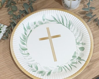 8 Botanical Gold Cross Plates, Religious Christening Tableware, Disposable Paper Plates, Communion Confirmation Tableware, Church Party 23cm