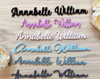 Personalised Acrylic Birthday Party Place Names, Coloured Napkin Wedding Favours, Small Childrens Craft Name Tags, Modern Laser Cut Names