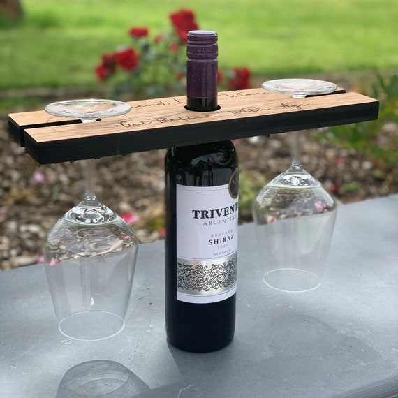 Personalised Wooden Wine Butler, Wine Bottle and Glass Holder, Custom Wine Lover Gift, Wedding Anniversary Gift for Couple