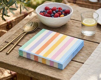 Pastel Stripe Paper Napkins, Colourful Disposable Birthday Party Tableware for Kids Celebrations (Pack of 20, 16.5 cm)