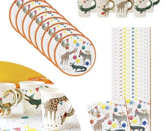 Safari Animal Party Pack For 10 People, Childrens Paper Plates Cups Napkins, Animal Table Partyware, Childrens Birthday Party