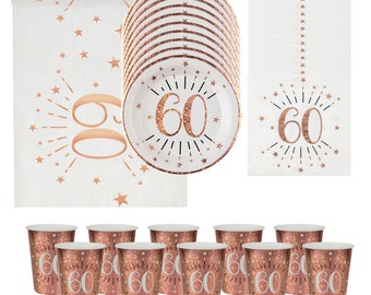 60th Birthday Party, Rose Gold 60th Birthday Tableware, 60th Birthday Cups Plates Napkins & Table Runner, Girls Milestone Birthday Party