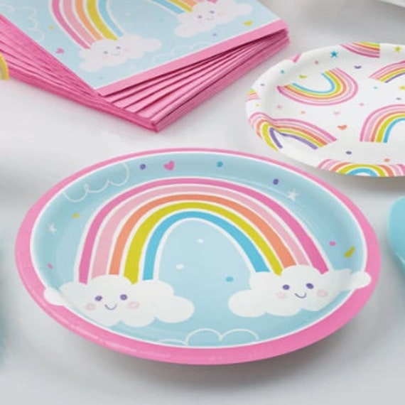 Pastel Rainbow Party Decorations, Pastel Party Plates, Rainbow