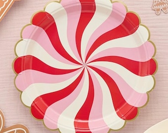 8 Christmas Candy Swirl Paper Plates – Red and Pink Holiday Party Tableware, Festive Table Decor for Christmas