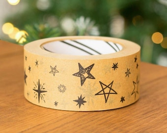 50m Christmas Stars Craft Wide Tape, Festive Gift Wrap Tape, Christmas Wrapping Tape, Kraft Wrapping Tape, Brown Christmas Tape