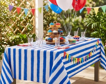Blue and White Striped Polyester Birthday Tablecloth Party Table Cover Colourful Birthday Decoration (140 x 120 cm)