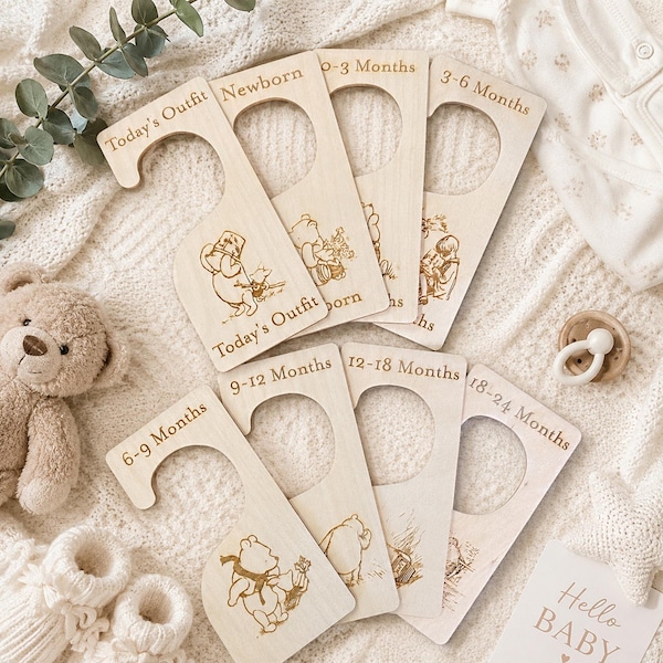 8 Winnie The Pooh Wooden Baby Clothes Dividers, Nursery Hangers New Born Gift, Baby Shower Keepsake Gift, First Outfit, Baby Keepsake