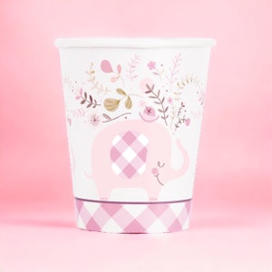8 Pink Floral Elephant Paper Cups, Girl Baby Shower Cups, 1st Birthday Paper Cups, Cute Kids Birthday Paper Cups