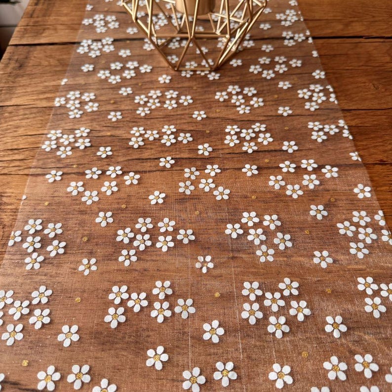 Daisy Organza Table Runner White Gold Glitter Floral Table Runner Wedding Party Table Runner Botanical Decorations 5m