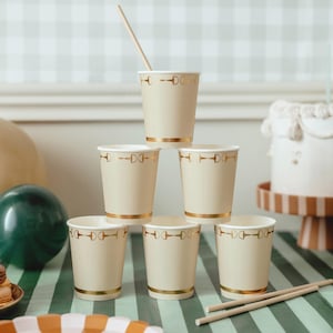 Set of 6 Beige Paper Cups with Gold Horse Stirrup Design, Elegant Party Cups, Equestrian Theme, Birthday, Baby Shower, Disposable Cups