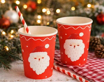 Santa Claus Christmas Paper Cups, Red Cream Festive Party Tableware for Christmas Dinner, Holiday Parties and Celebrations, Set of 8