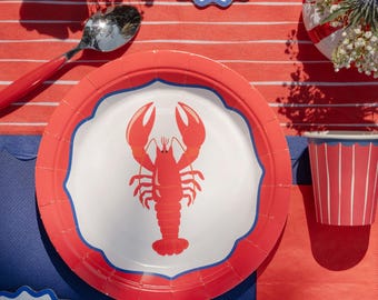 Platos para fiesta de langosta, paquete de 6, 17,5 cm, platos de postre rojos estilo costero, vajilla desechable de papel, decoración para fiestas de mariscos.
