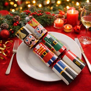 May include: Six festive Christmas crackers with nutcracker and soldier designs are arranged on a white plate. The crackers feature red, green, blue, and white colors. The table setting includes candles, greenery, and a glass of wine.