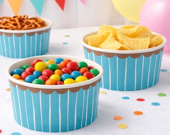 Blue Paper Ramekin Party Dishes, Small Round Food Bowls for Birthdays, Kids Parties and Happy Celebrations (Pack of 4, 12.5 cm)