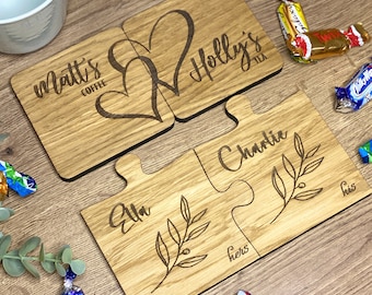 Personalised Couples Coaster Set Two Designs, His Her Gift, Mr Mrs Gift, Engraved Jigsaw Wood Coasters, 5th Anniversary Gift, Set Of 2