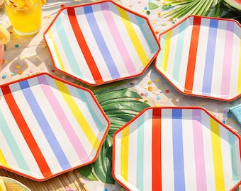 Platos de papel a rayas para fiestas - Vajilla multicolor para cumpleaños infantiles - Mesa de tartas - Picnic y celebraciones, 24,5 cm, paquete de 6