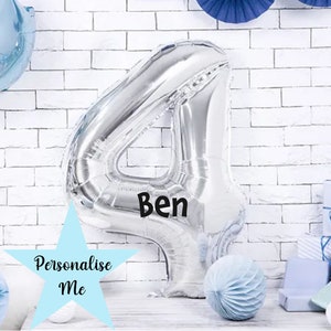 Personalisierter Jumbo Silber Zahl 4 Ballon, Geburtstagsballon mit Namen 86cm, Silberne Partydekoration, 4.14.40