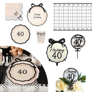 Stoviglie per feste di 40° compleanno, stoviglie con fiocco di compleanno, articoli per feste di 40 anni, tovaglioli, piatti, bicchieri, palloncini e decorazioni per feste di 40 anni