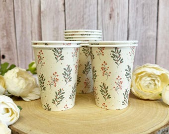 10 Christmas Paper Cups, Leaves And Berries Festive Cups, Festive Party Tableware, Holiday Partyware, Christmas Party Cups