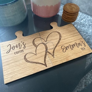 Personalised Couples Coaster Set With Hearts, Engraved Jigsaw Wooden Coaster, His Her Wood Gift, Mr Mrs Gift,  5th Anniversary, Set Of 2