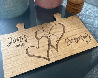 Personalised Couples Coaster Set With Hearts, Engraved Jigsaw Wooden Coaster, His Her Wood Gift, Mr Mrs Gift,  5th Anniversary, Set Of 2