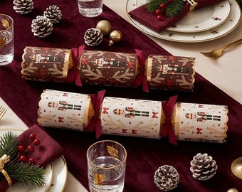 Deluxe Burgundy and Cream Nutcracker Christmas Crackers, 33cm Festive Paper Tableware for Christmas Dinner & Parties, Set of 6